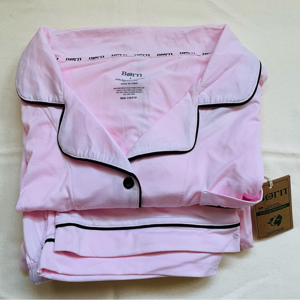 Born Pink Button-Front Pajama Set Black Piping Notch Collar Sleepwear